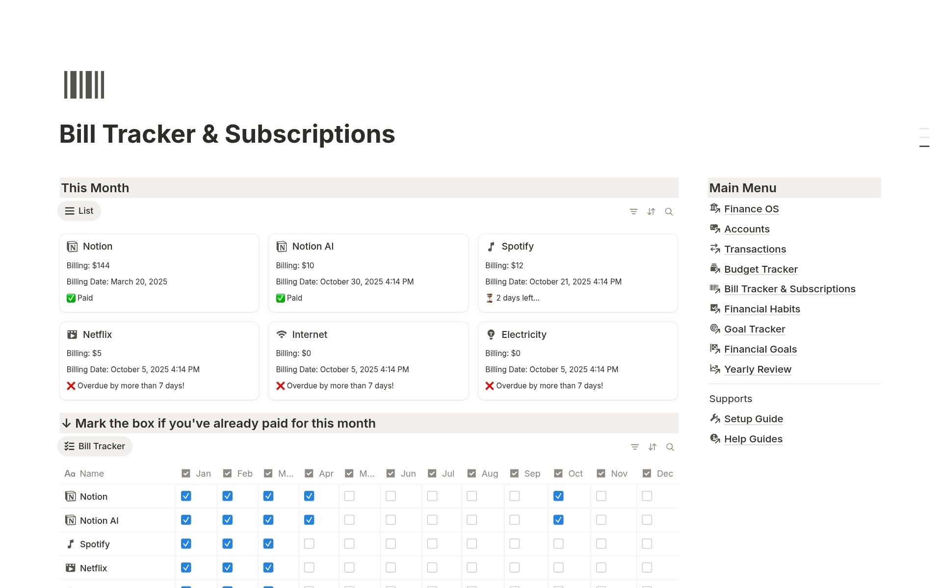 Track recurring bills and subscriptions in Notion Finance OS.