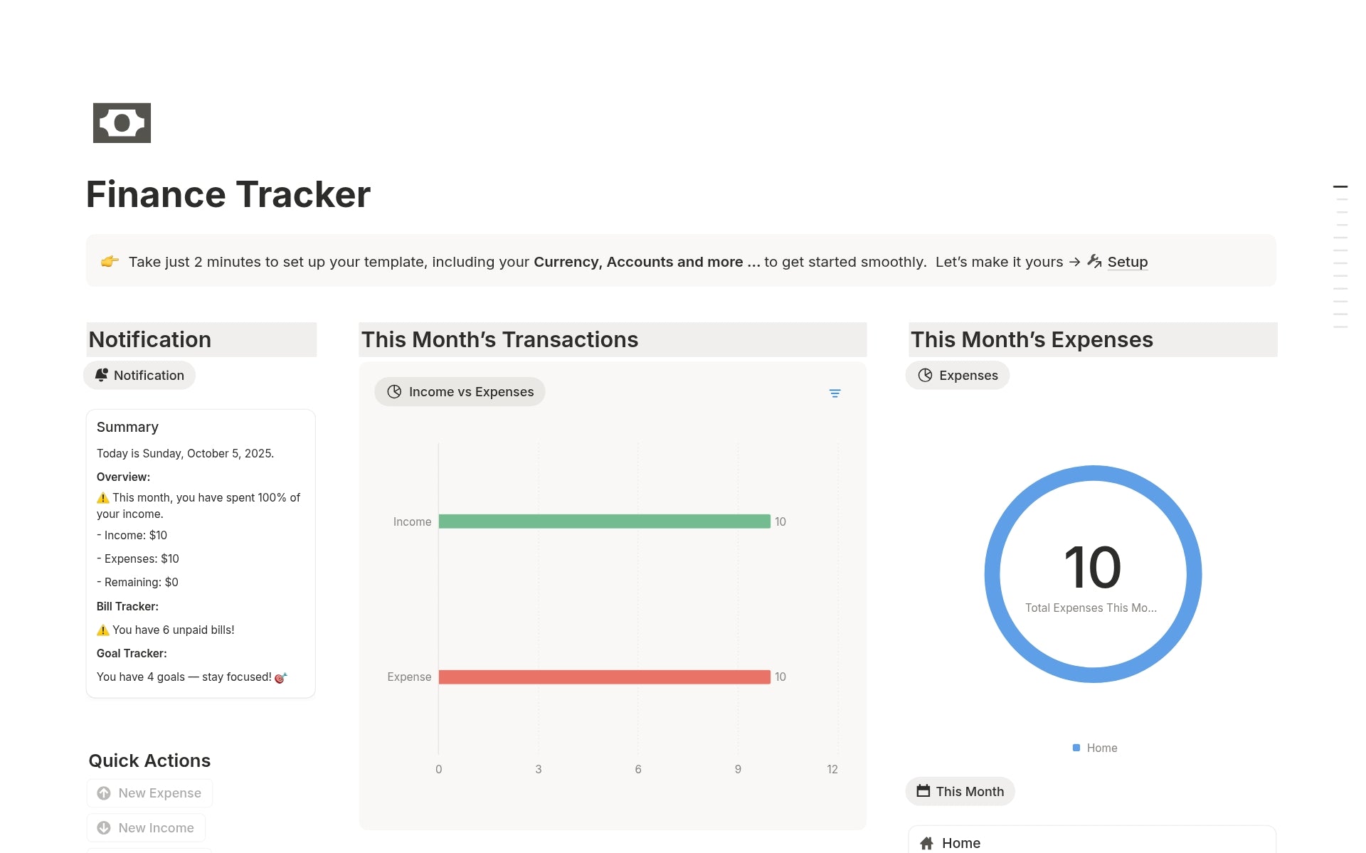 Finance Tracker Notion Template – all-in-one minimalist dashboard to manage income, expenses, bills, and savings.