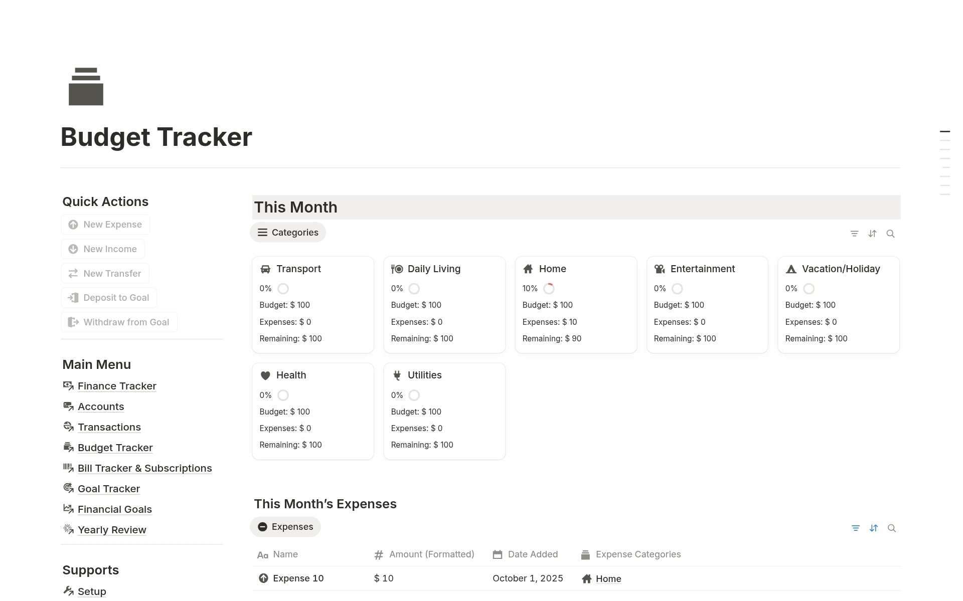 Automatic monthly and yearly spending tracker in Notion Finance Tracker template.