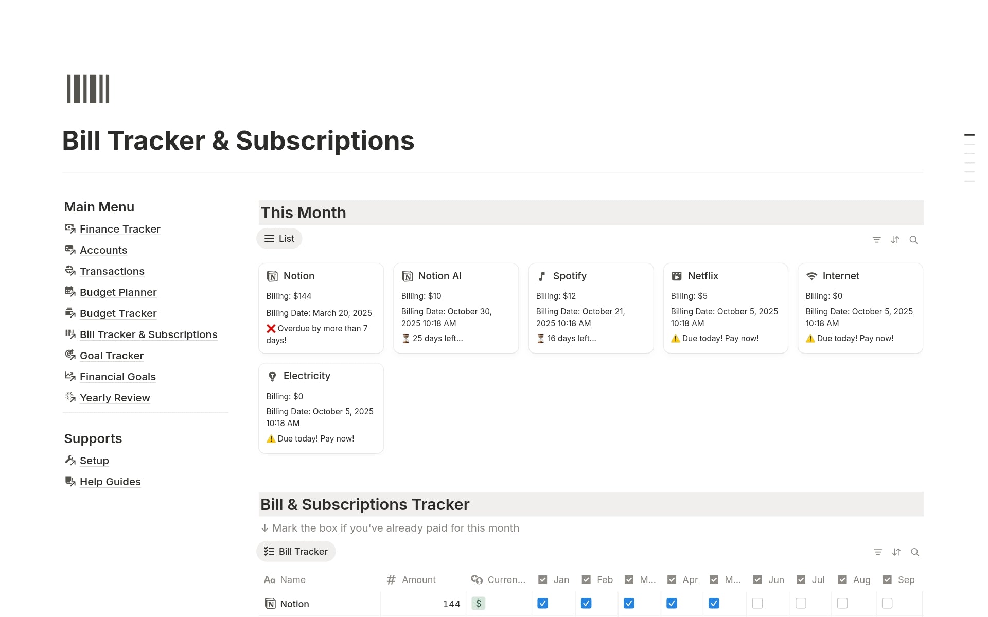 Bill and subscription tracking dashboard in Notion showing due dates and recurring payments.