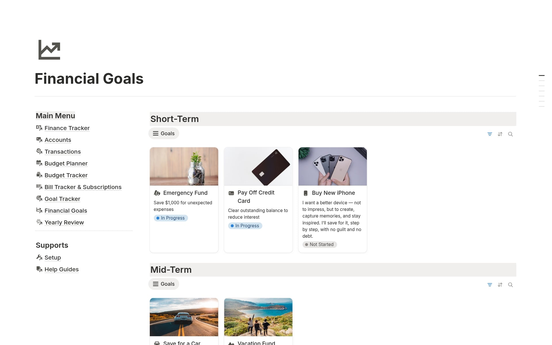 Savings goal tracker in Notion Finance Tracker visualizing progress toward financial targets.