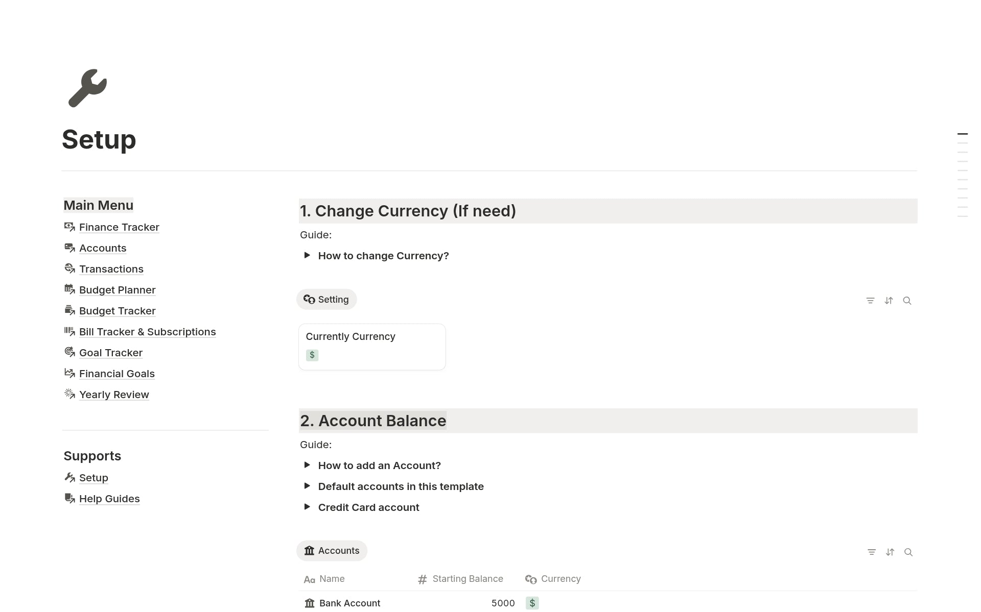 Setup instructions and currency customization options in Notion Finance Tracker Template.
