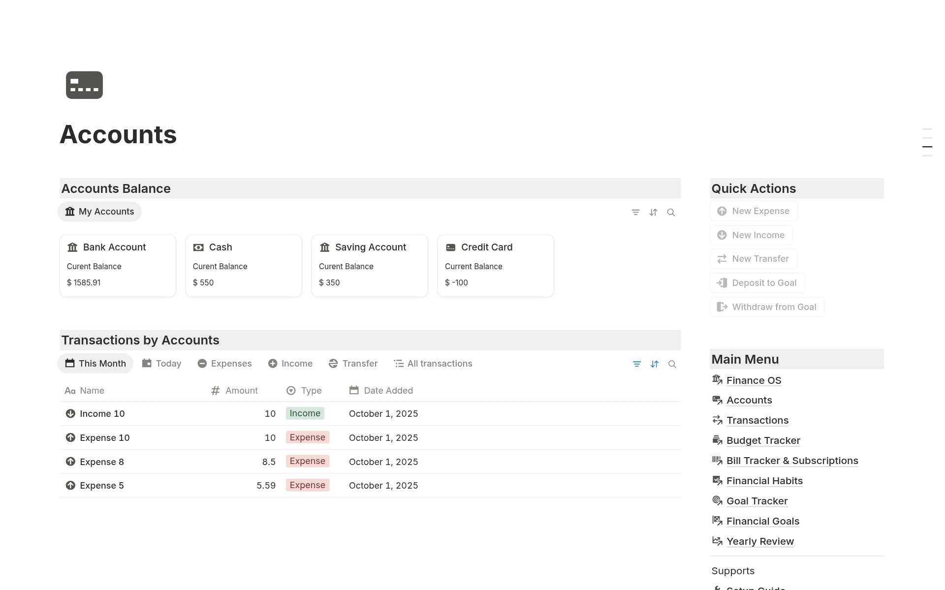 Manage bank, cash, and credit accounts in Notion Finance OS template.