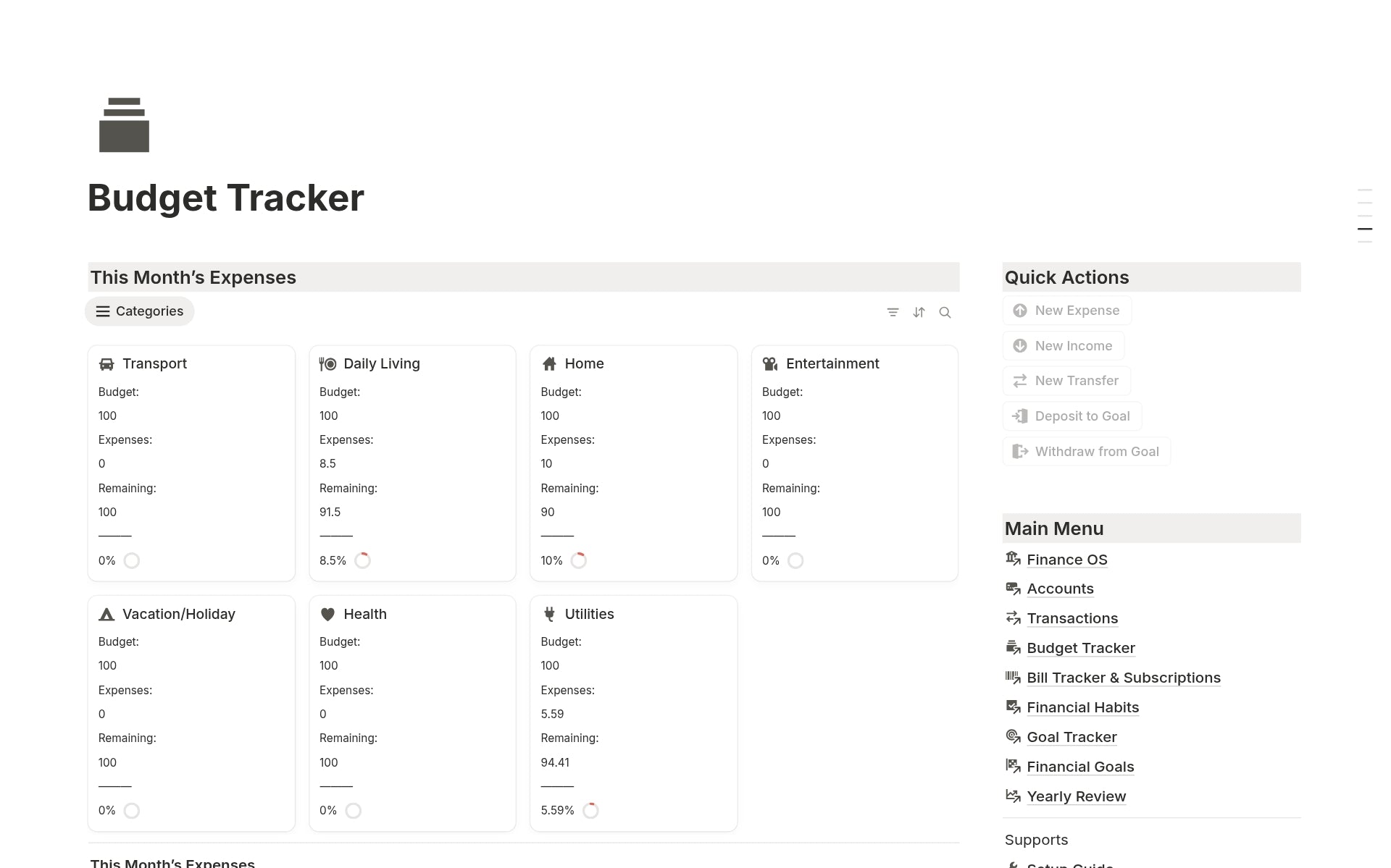 Notion budget tracking by category — transport, home, health, and more.