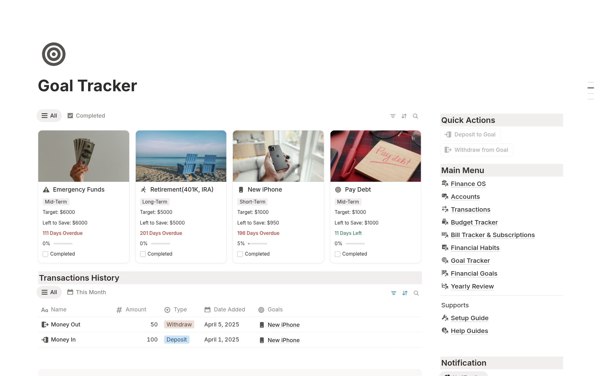 Notion goal tracker for savings and debt management in Finance OS.