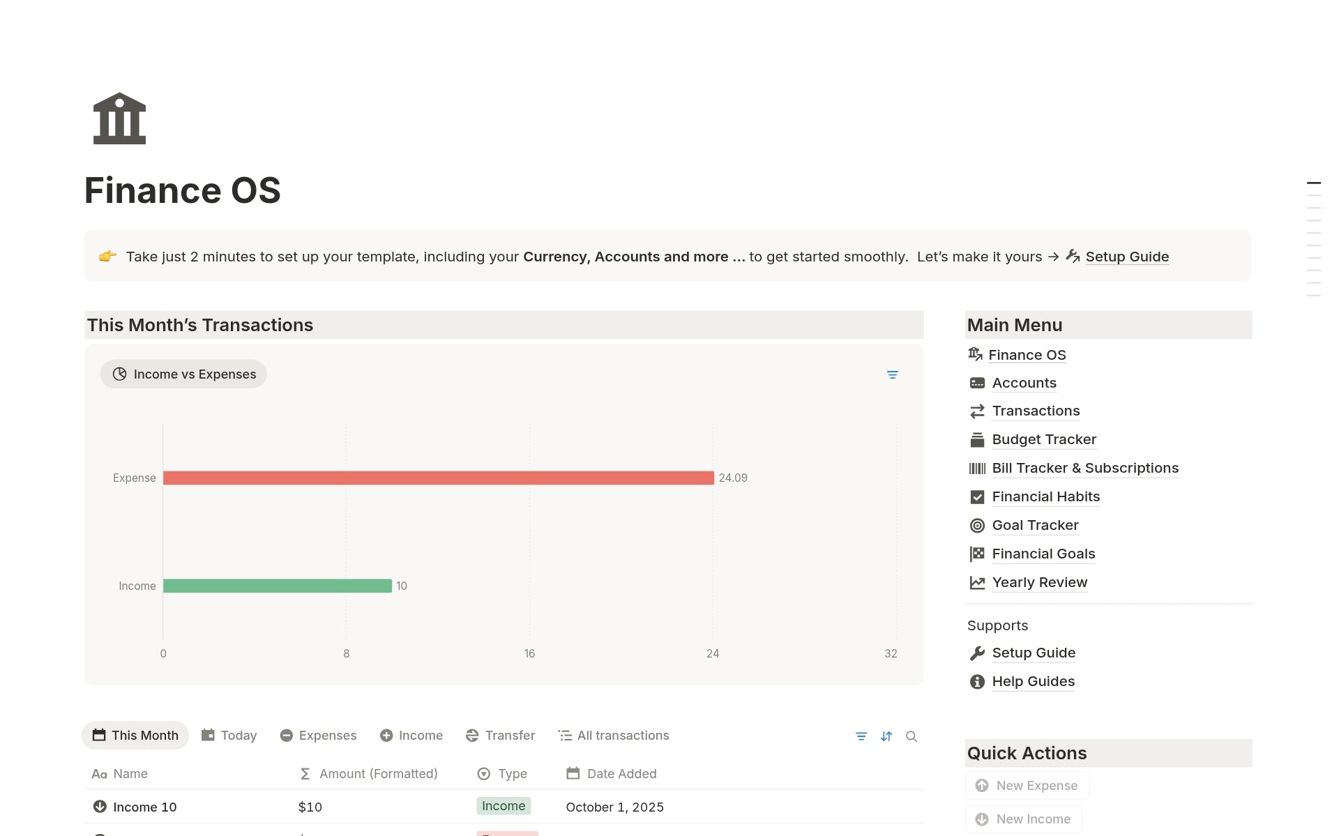Finance OS Notion template dashboard showing income vs expenses chart and quick setup guide — personal finance tracker and budgeting system in Notion.