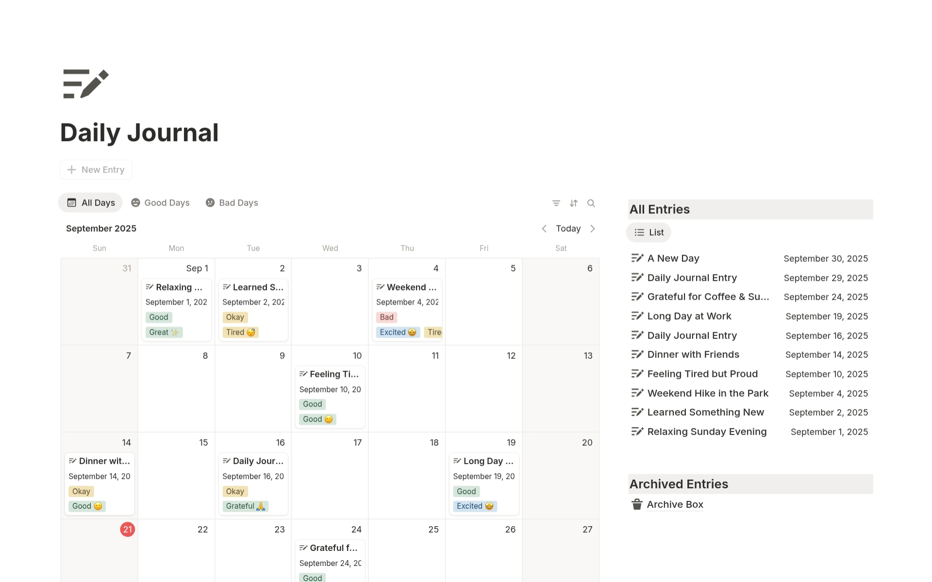 Free Notion Daily Journal Template – minimal dashboard to capture thoughts, reflect on the day, and track emotions.