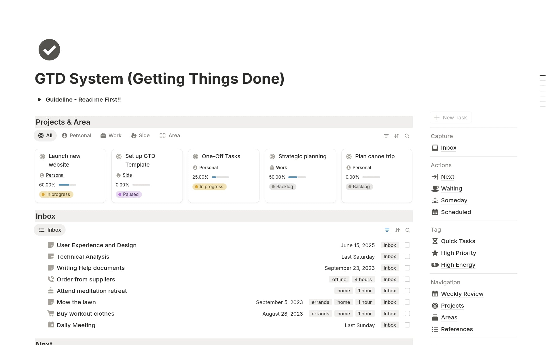 GTD Notion Template – Getting Things Done system to capture, clarify, and organize tasks with focus and clarity.