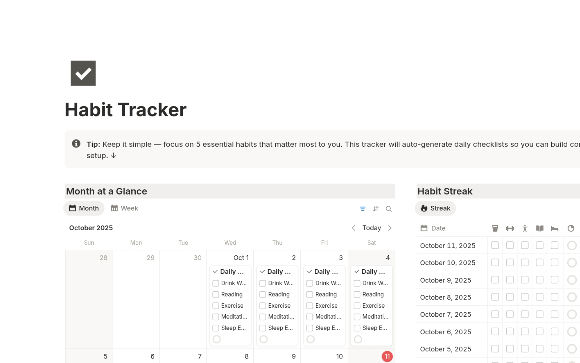 Habit Tracker Notion Template – minimal dashboard to track daily habits, build consistency, and visualize progress.
