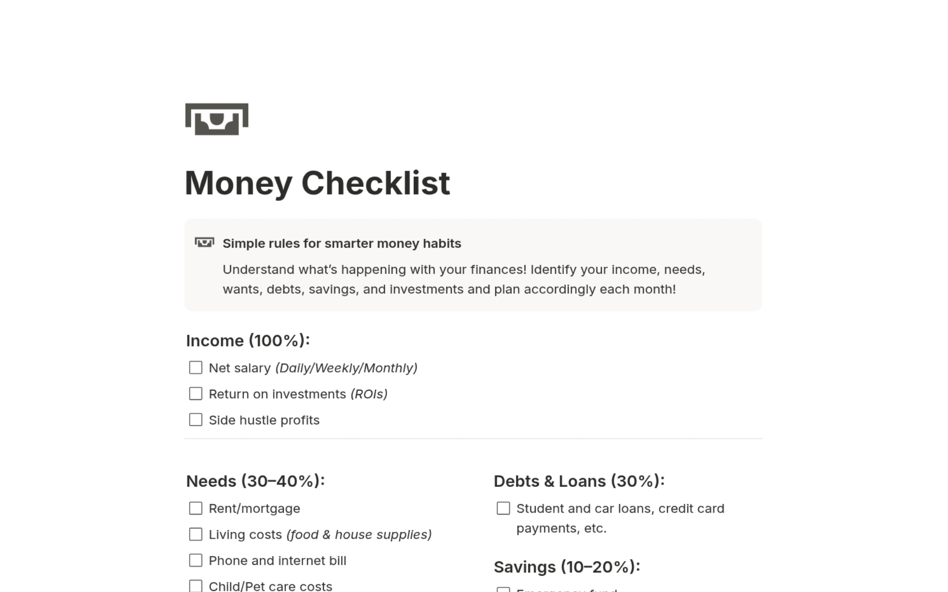 Money Checklist Notion Template – track and manage your personal finances easily in Notion