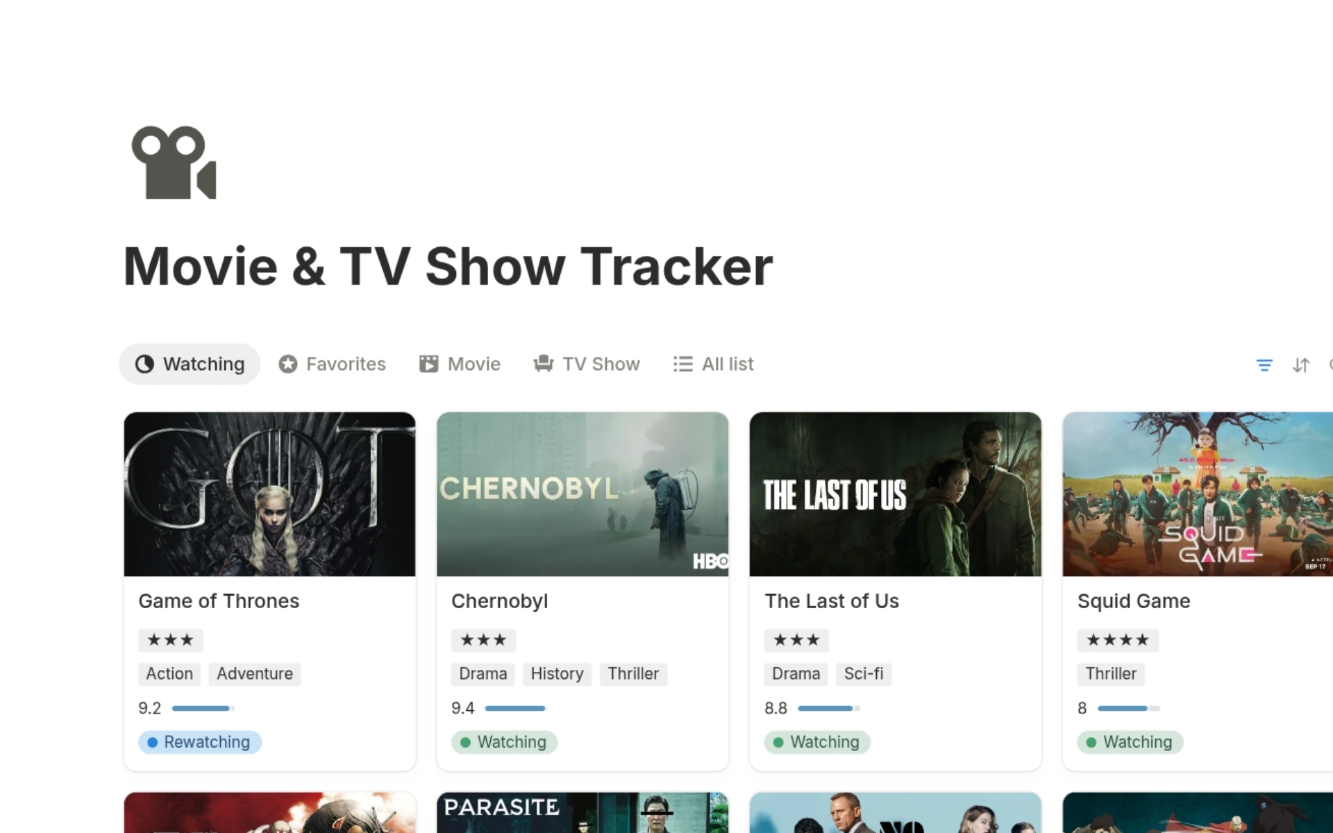 Movie and TV Show Tracker Notion Template – organize your watchlist, track viewing goals, and rate favorite titles.