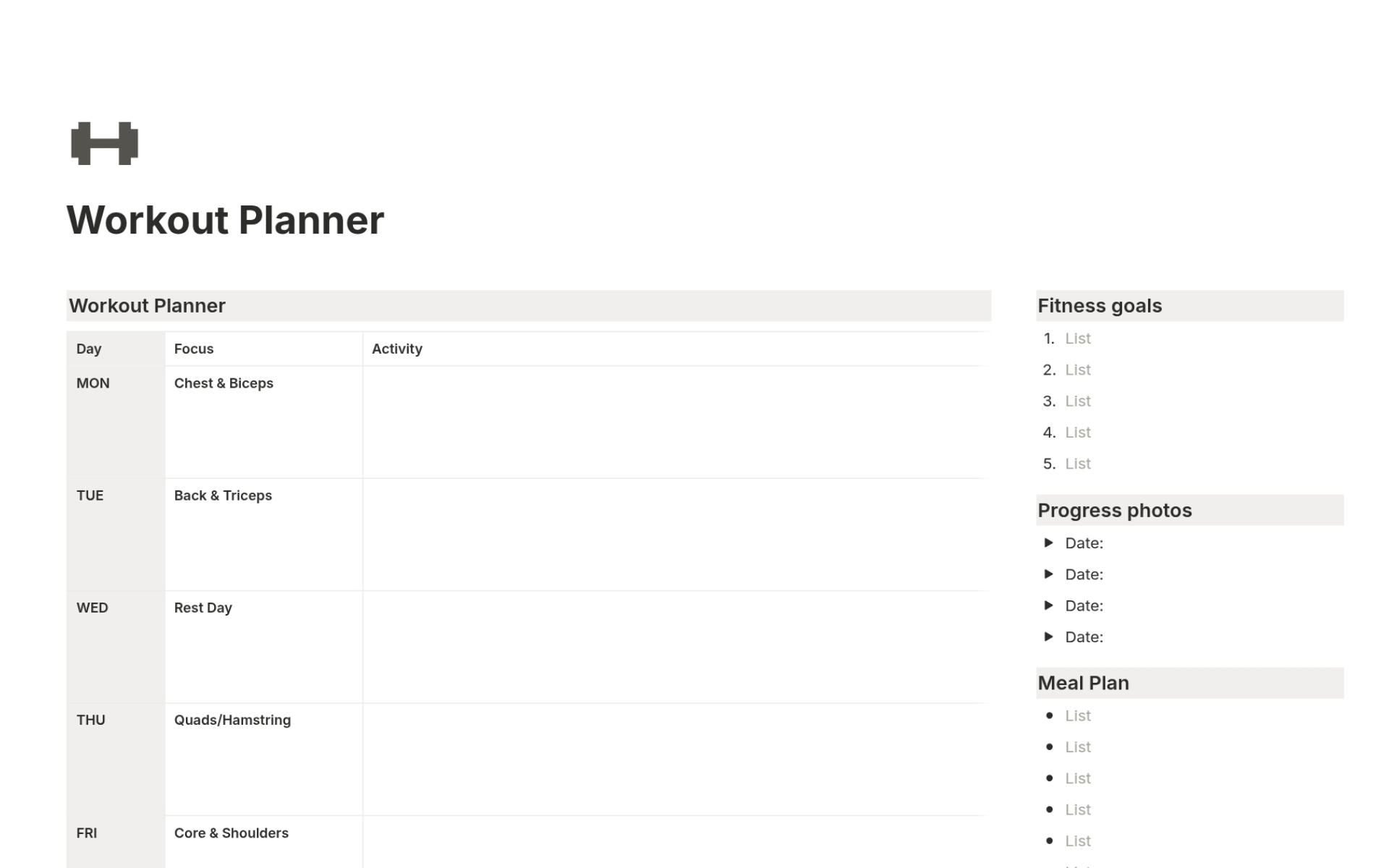 Notion Workout Planner Template – all-in-one fitness schedule and progress tracker to plan workouts and stay motivated.