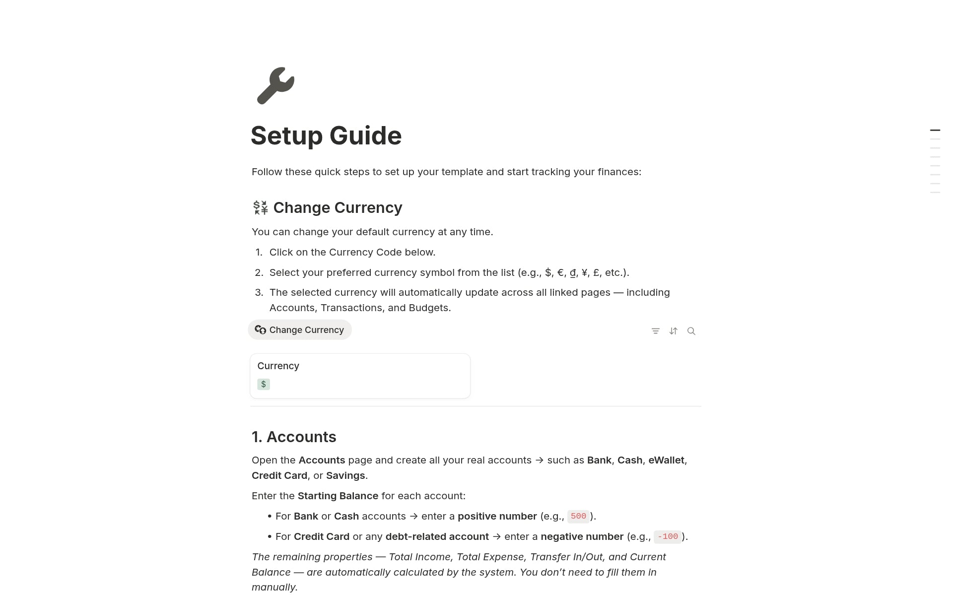 Step-by-step setup guide to customize currency and accounts in Notion Finance OS.