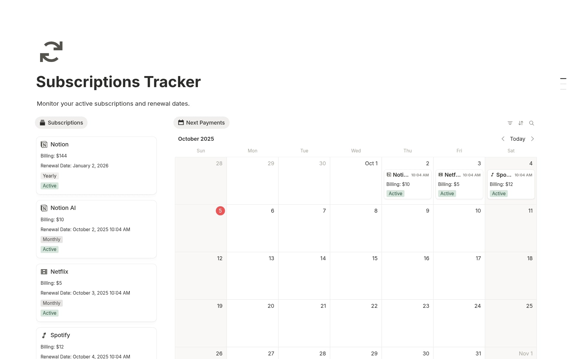 Notion Subscriptions Tracker Template – clean dashboard to manage all recurring subscriptions in one place.
