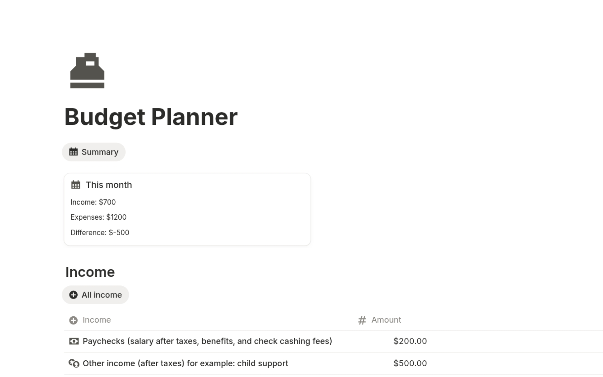 Free Notion Budget Planner Template – minimal dashboard to manage monthly income, expenses, and savings.
