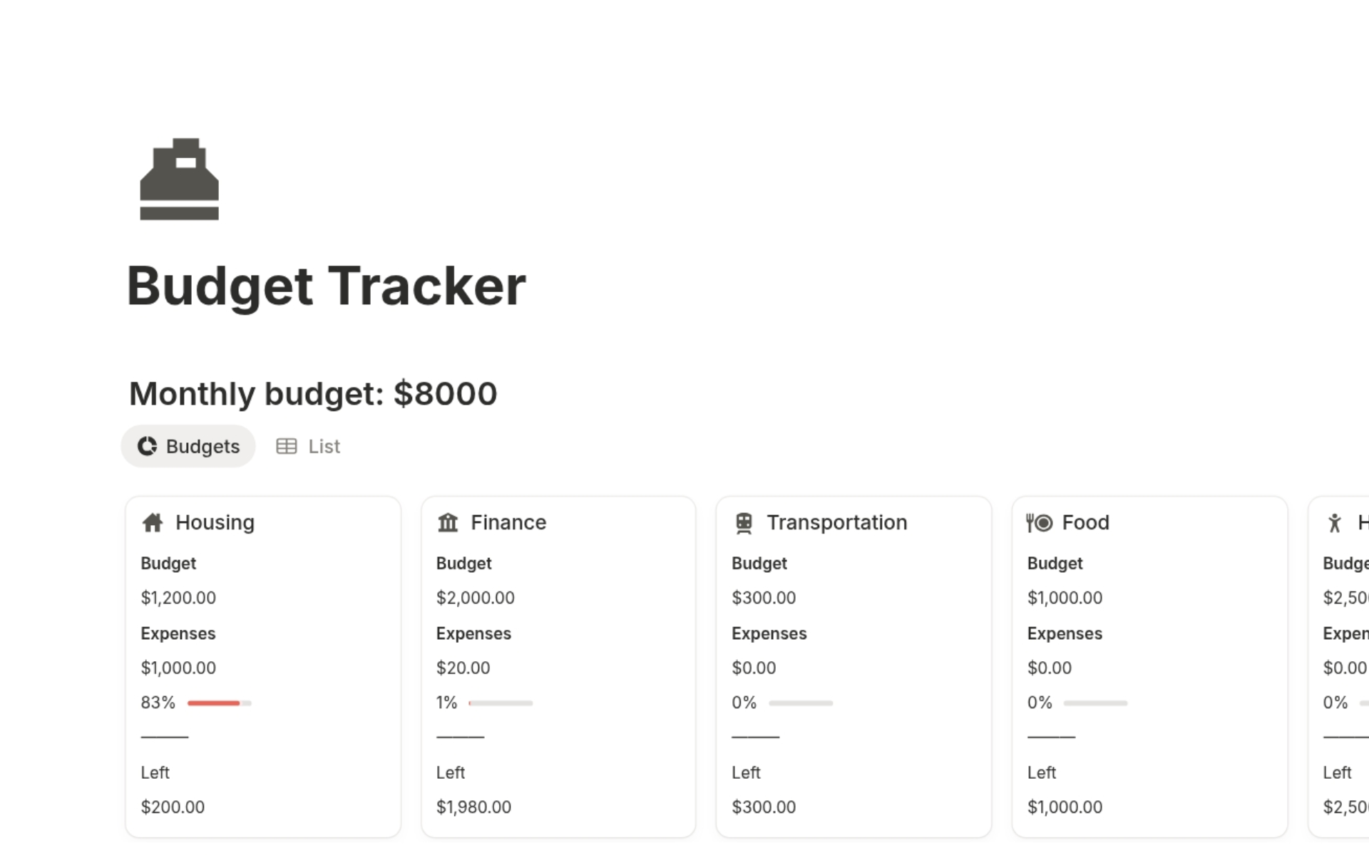 Budget Tracker Free Notion Template – minimalist dashboard to manage budgets and track daily expenses.