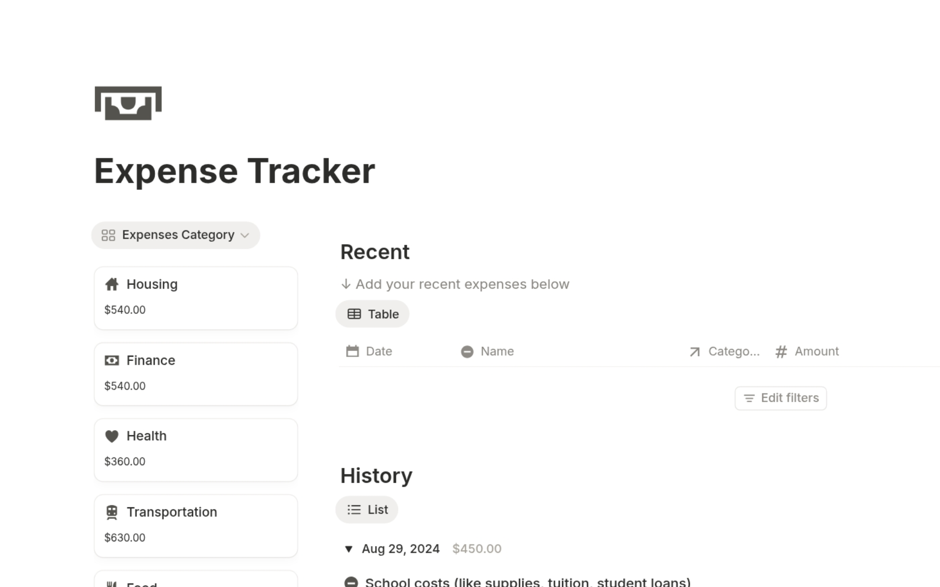Free Notion Expense Tracker Template – minimal dashboard to record and analyze monthly spending.