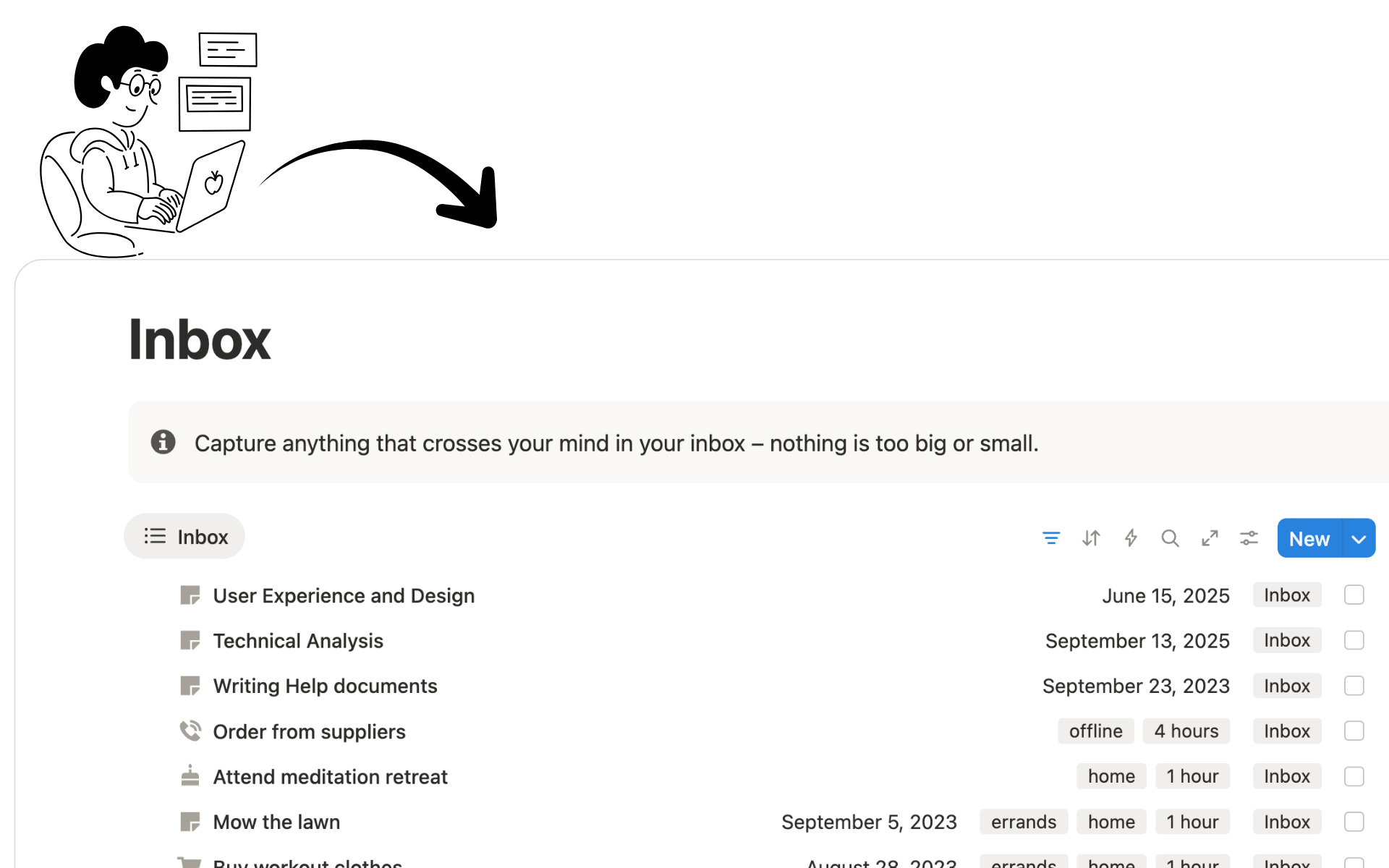 GTD Notion template Inbox for capturing ideas and tasks