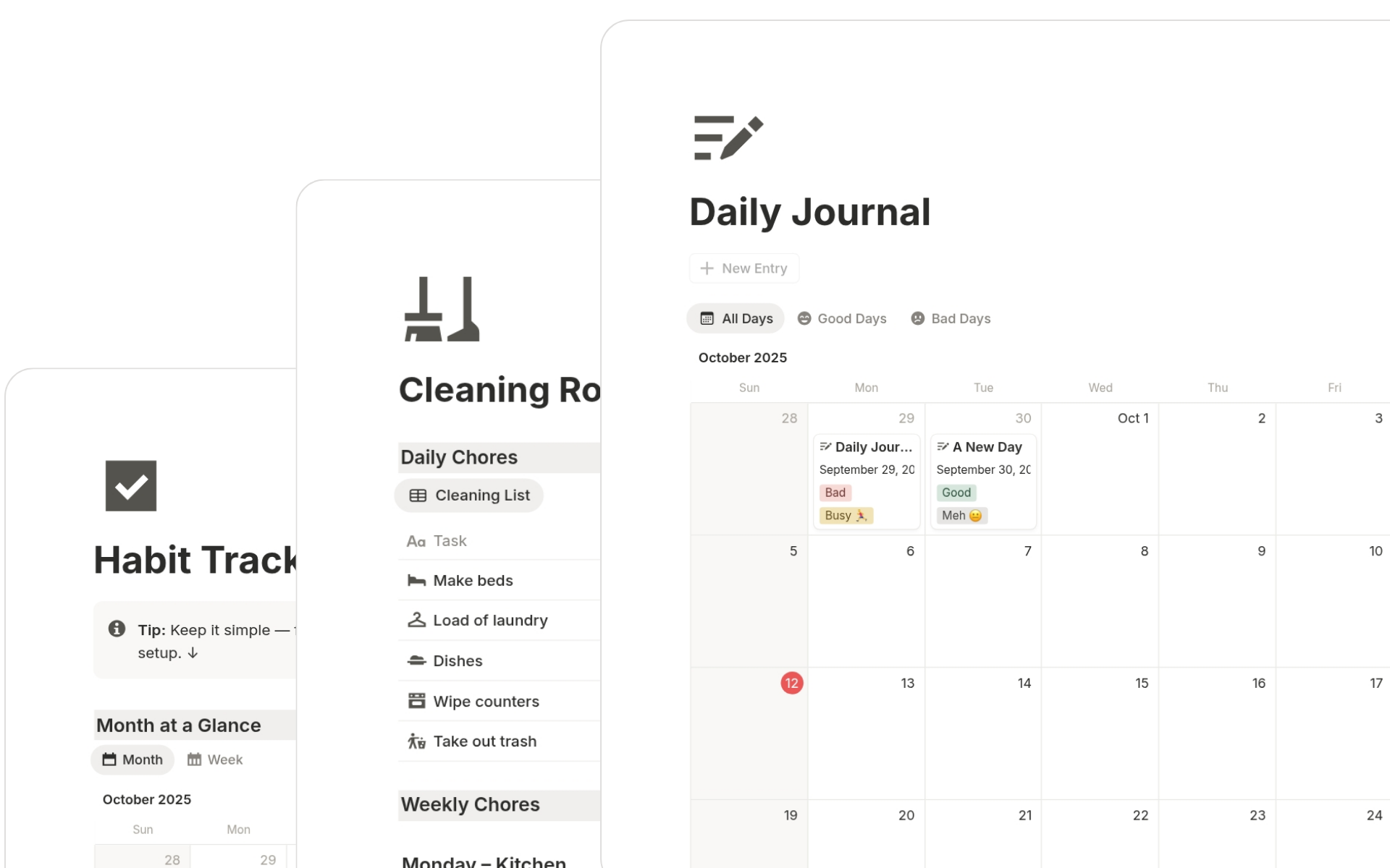 Lifestyle dashboards in Ultimate Life OS Notion Template for tracking books, movies, travels, journals, and daily routines.