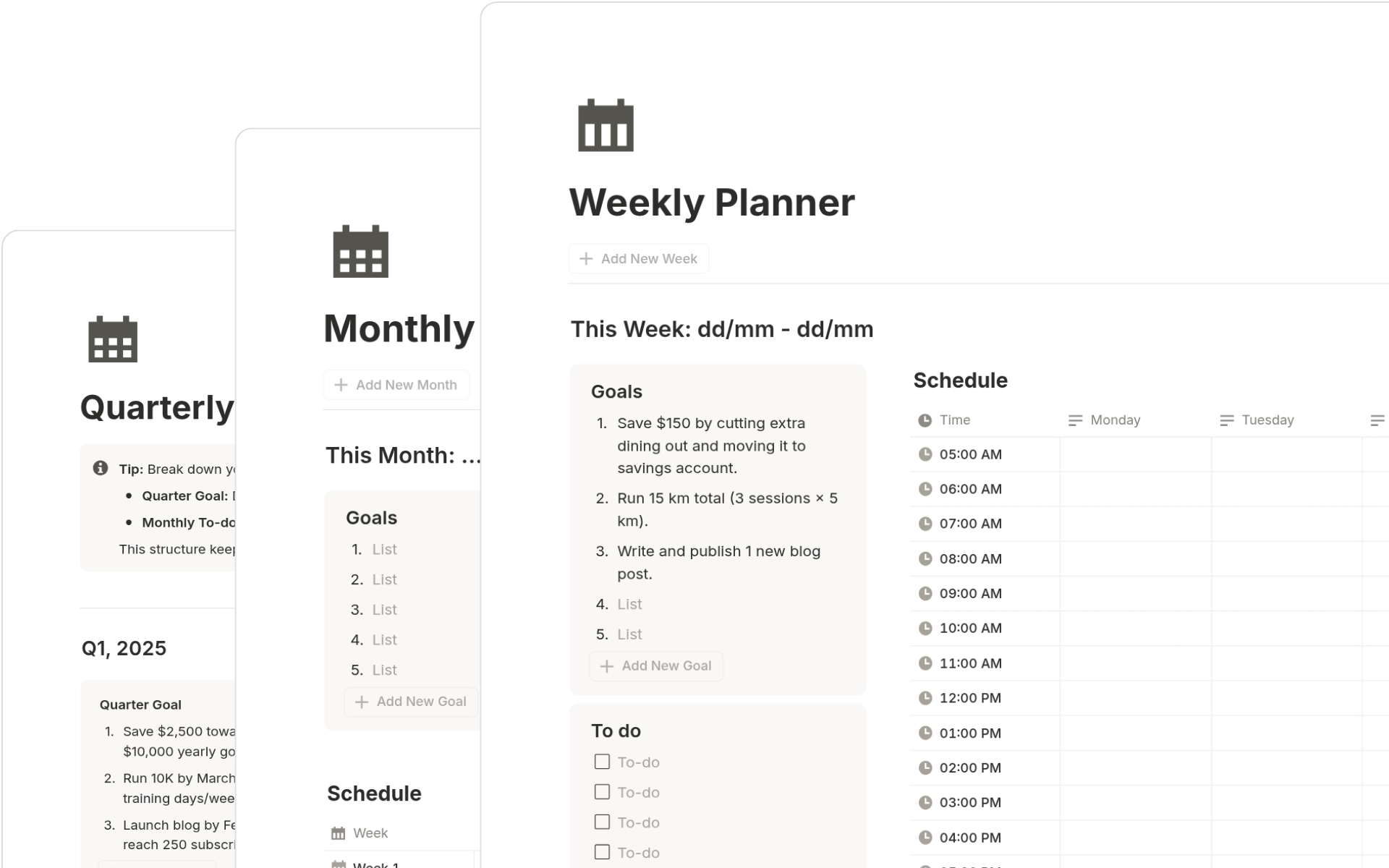 Daily and weekly planning pages in Notion Life Planner for organizing tasks and routines.