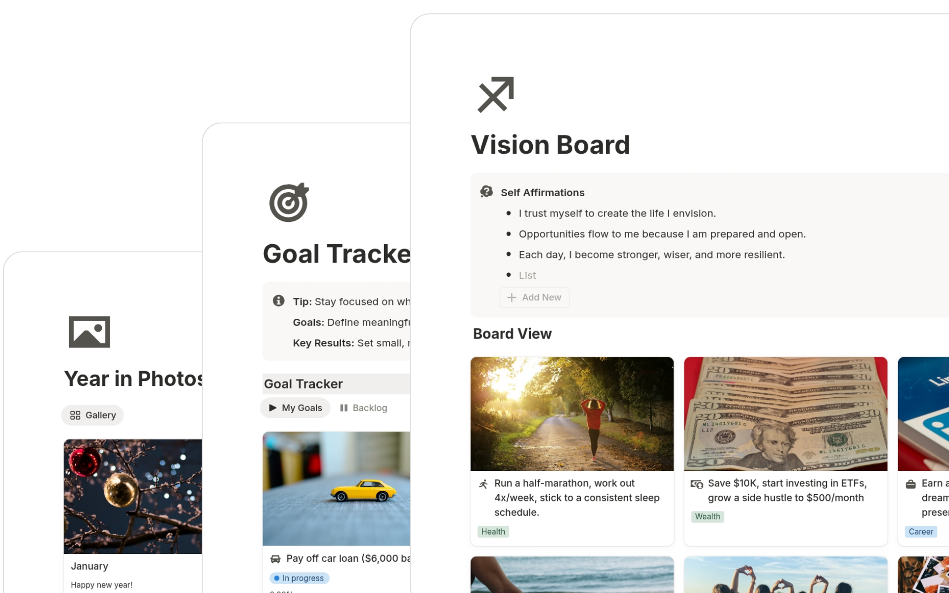 Vision boards, trackers, and yearly reflections in the Ultimate Life OS Notion Template to stay motivated and measure your progress with clarity.