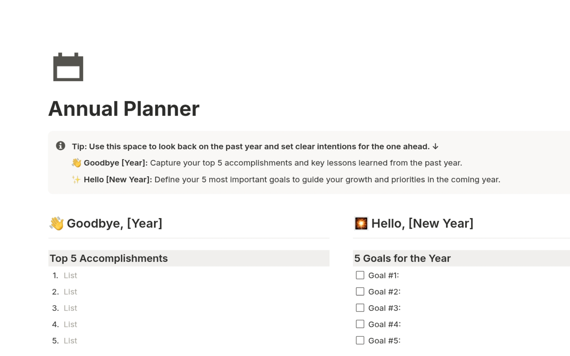 Annual Review section in Notion Life Planner Template for reflecting on yearly goals and progress.