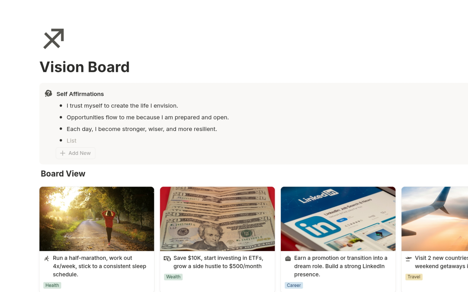 Vision Board in Notion Life Planner Template visualizing dreams and long-term goals.