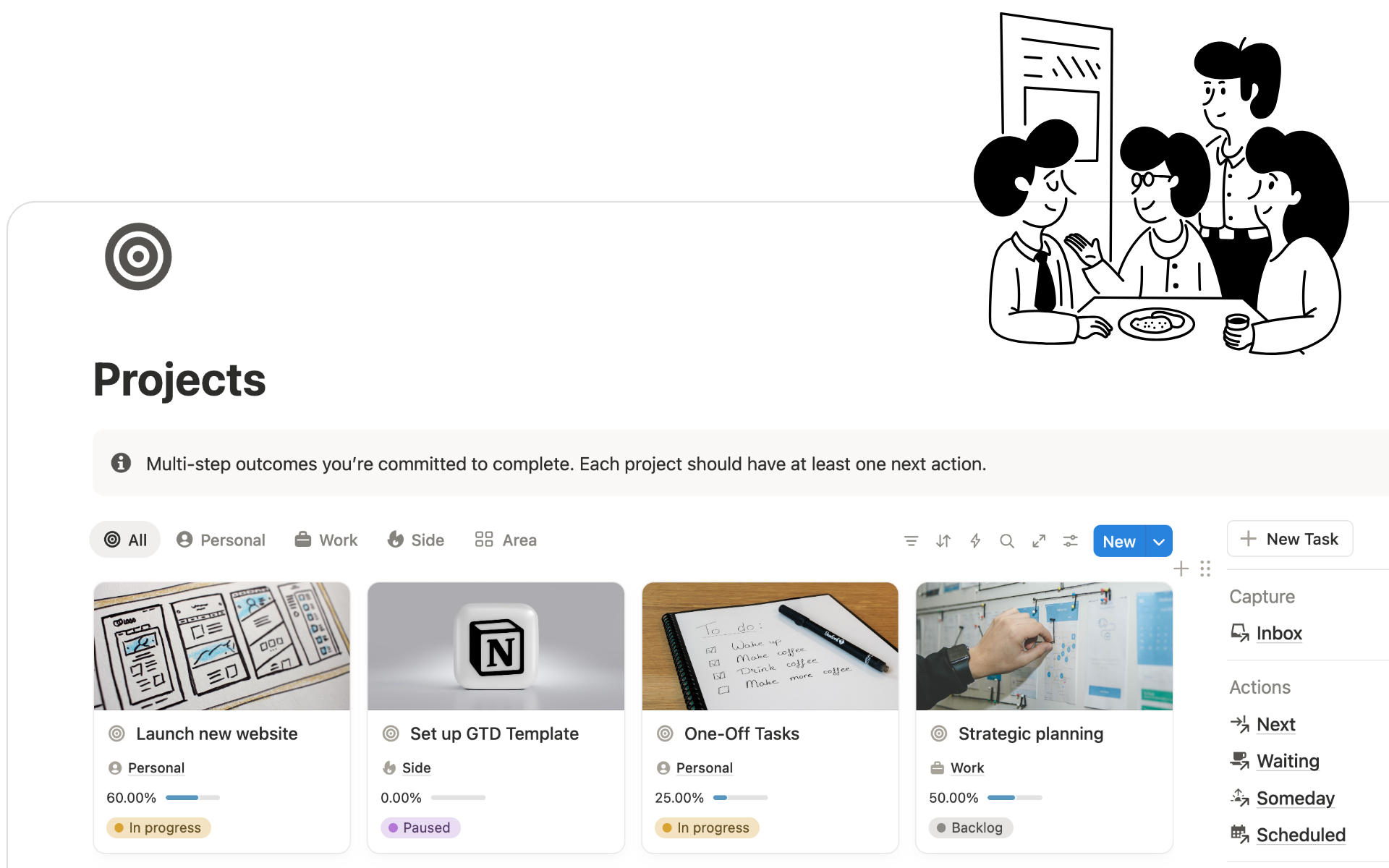 Projects & Areas view from GTD Notion template with progress tracking