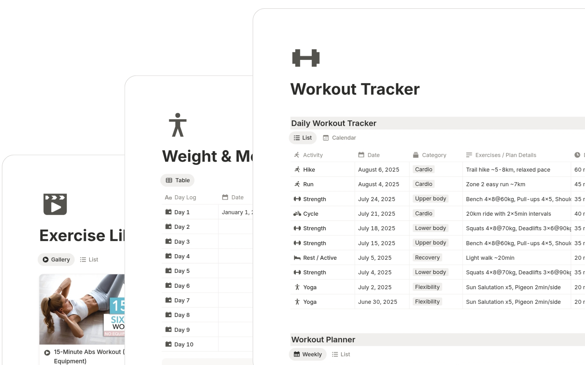 Health and fitness tracking dashboards in Notion Life OS including workouts, habits, meals, and sleep tracking.