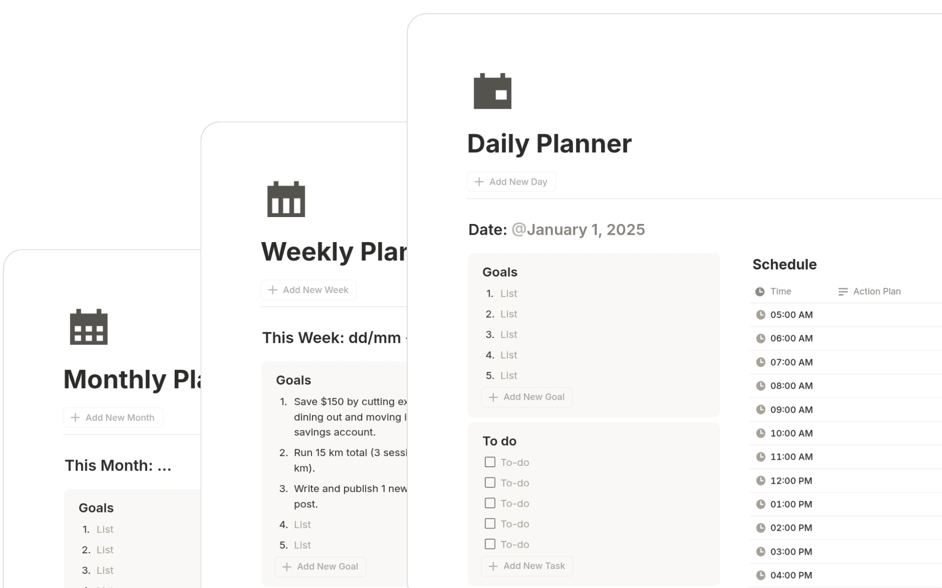 Daily, weekly, monthly, and annual planners in Ultimate Life OS Notion Template for structured goal setting.