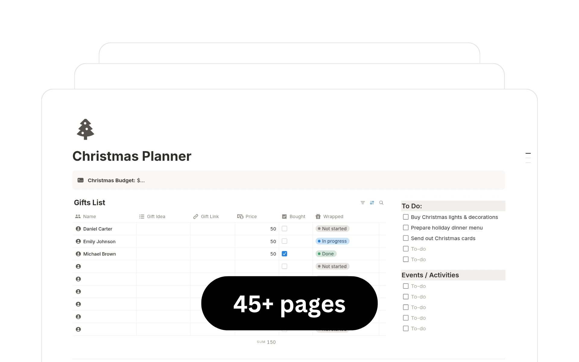Ultimate Life OS Notion Template featuring 45+ connected pages including cleaning planner, wish list, and Christmas planner.