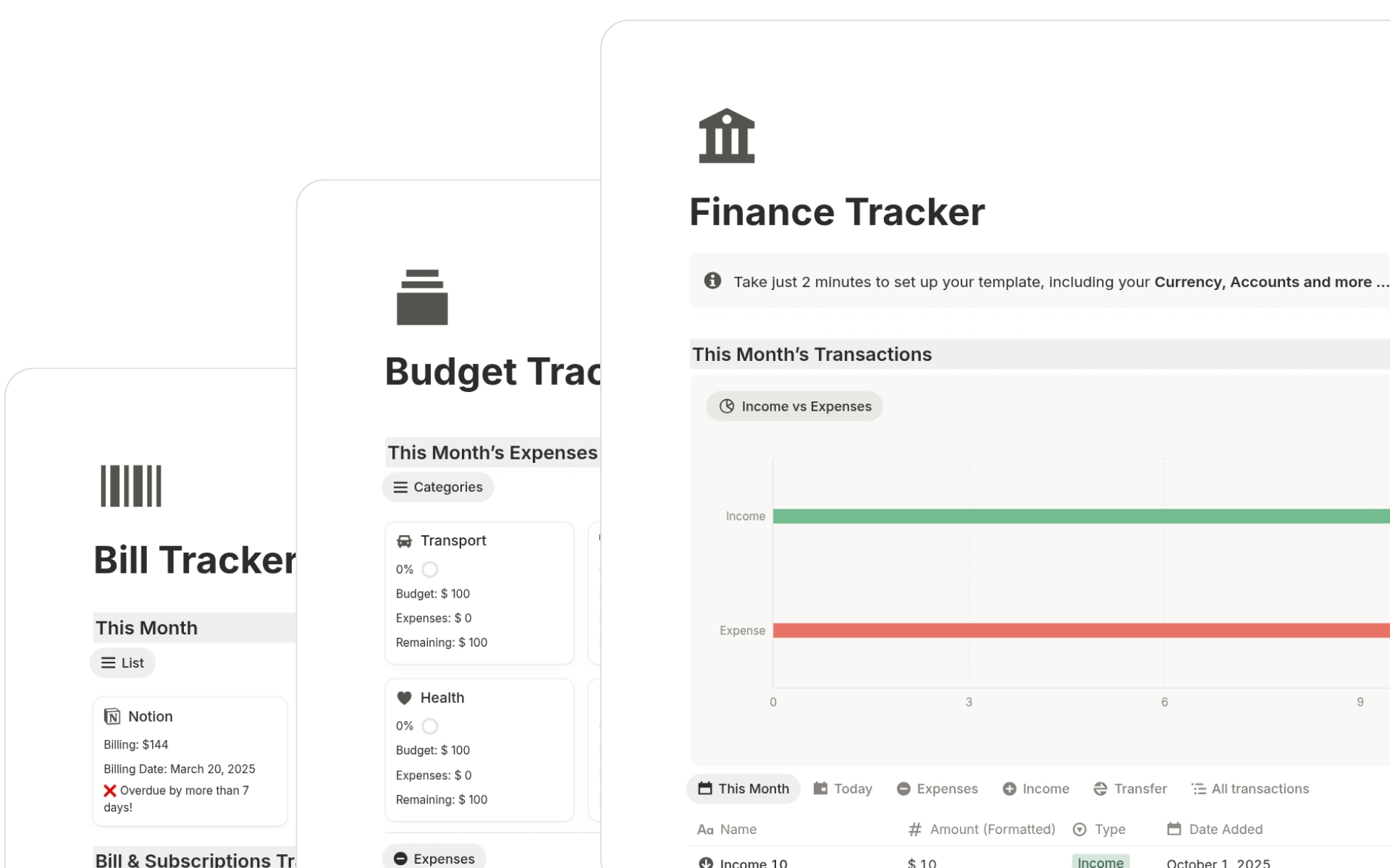 Finance dashboard in Ultimate Life OS Notion Template covering budgets, bills, and financial goals.