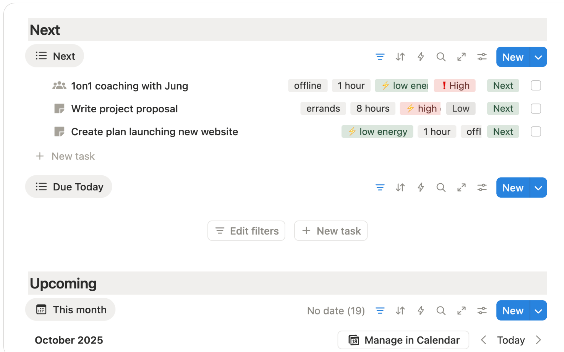 Weekly Review page in GTD Notion template showing reflection checklist and goal review system based on the GTD framework.