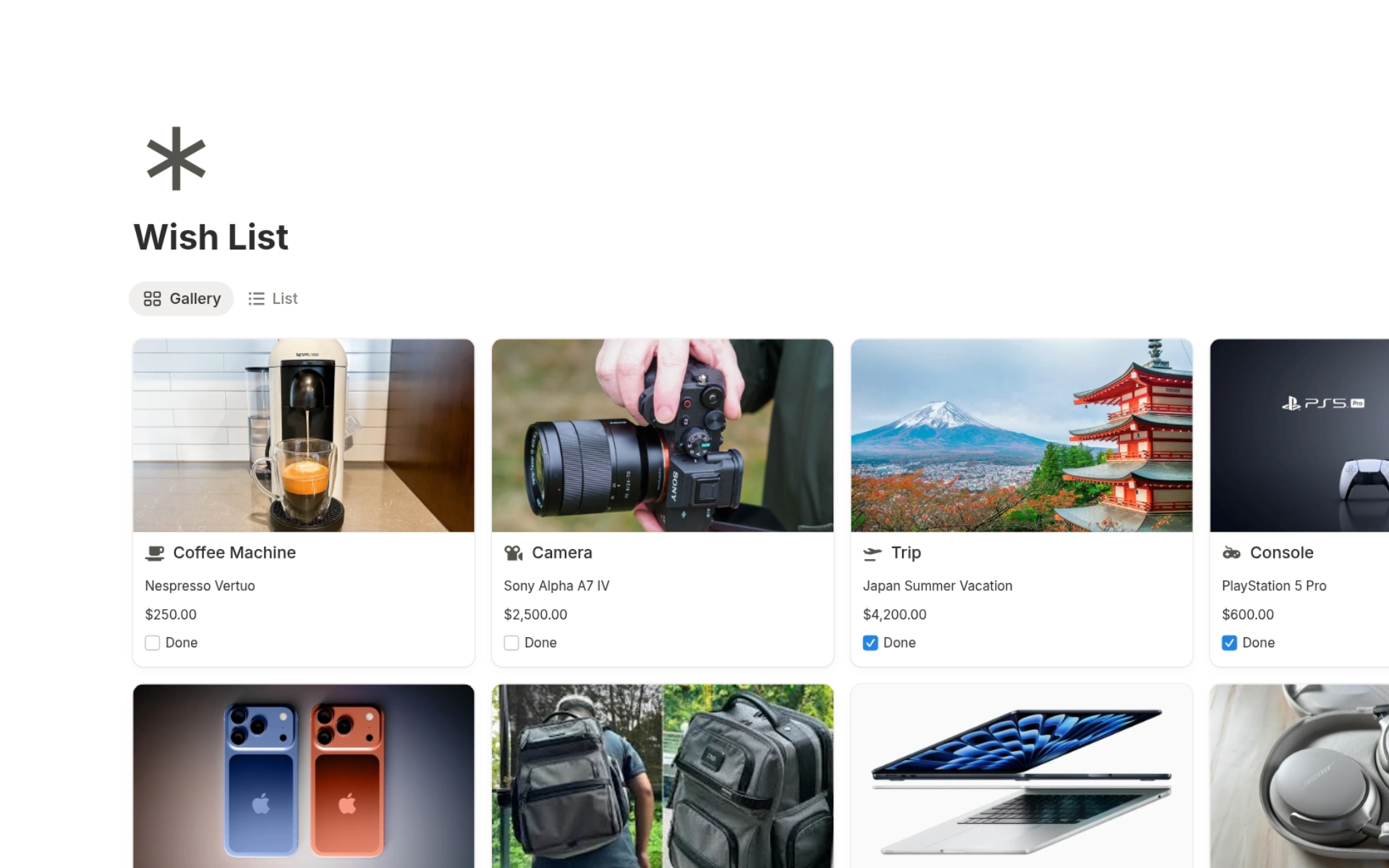 Wish List tracker in Notion Life Planner Template for future goals and personal desires.