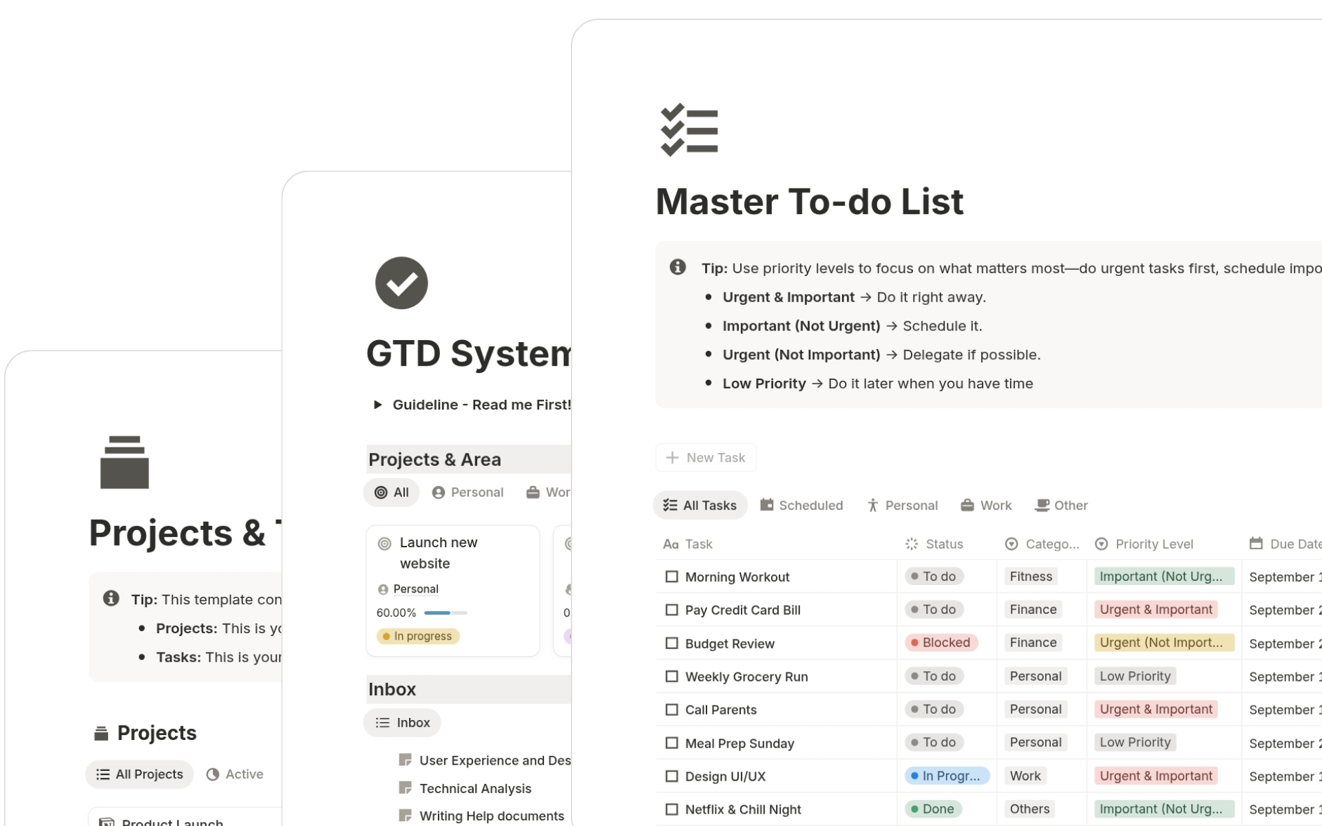 Work and productivity pages in Notion Life OS featuring GTD system, to-do lists, and project management.