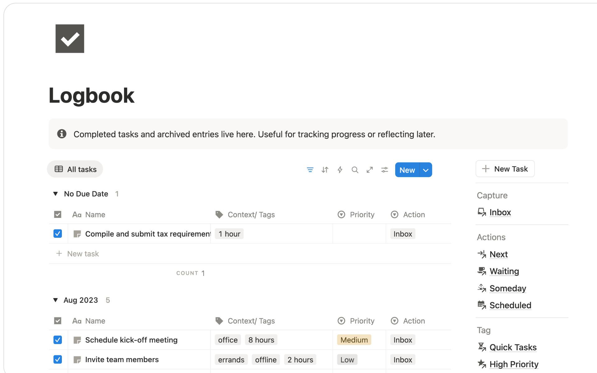 GTD Notion template logbook for storing completed tasks and notes