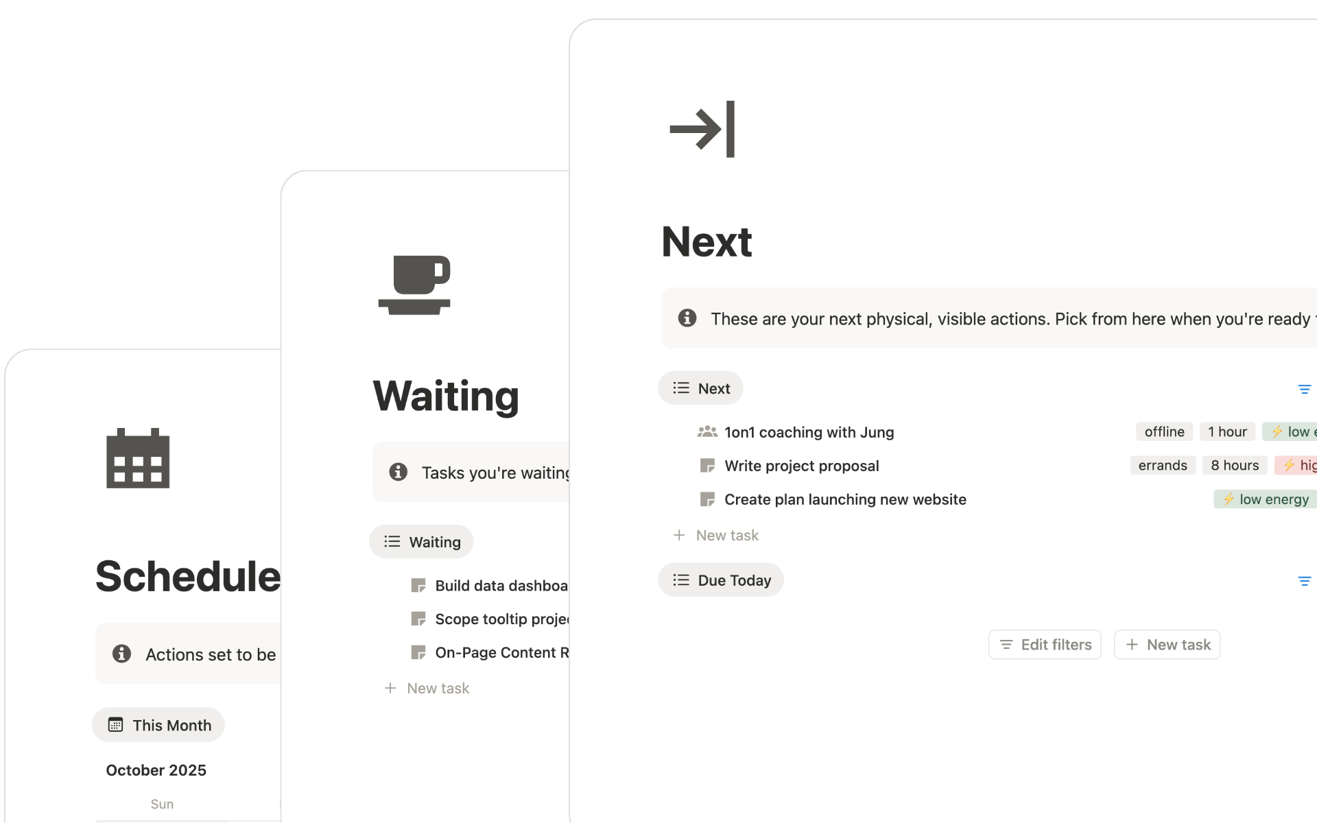Task lists view from GTD Notion template for clear organization