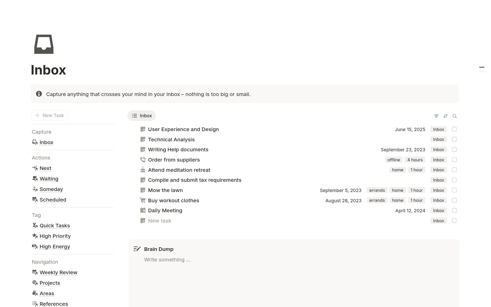 Task inbox in Notion GTD template for capturing new ideas, notes, and to-dos instantly.