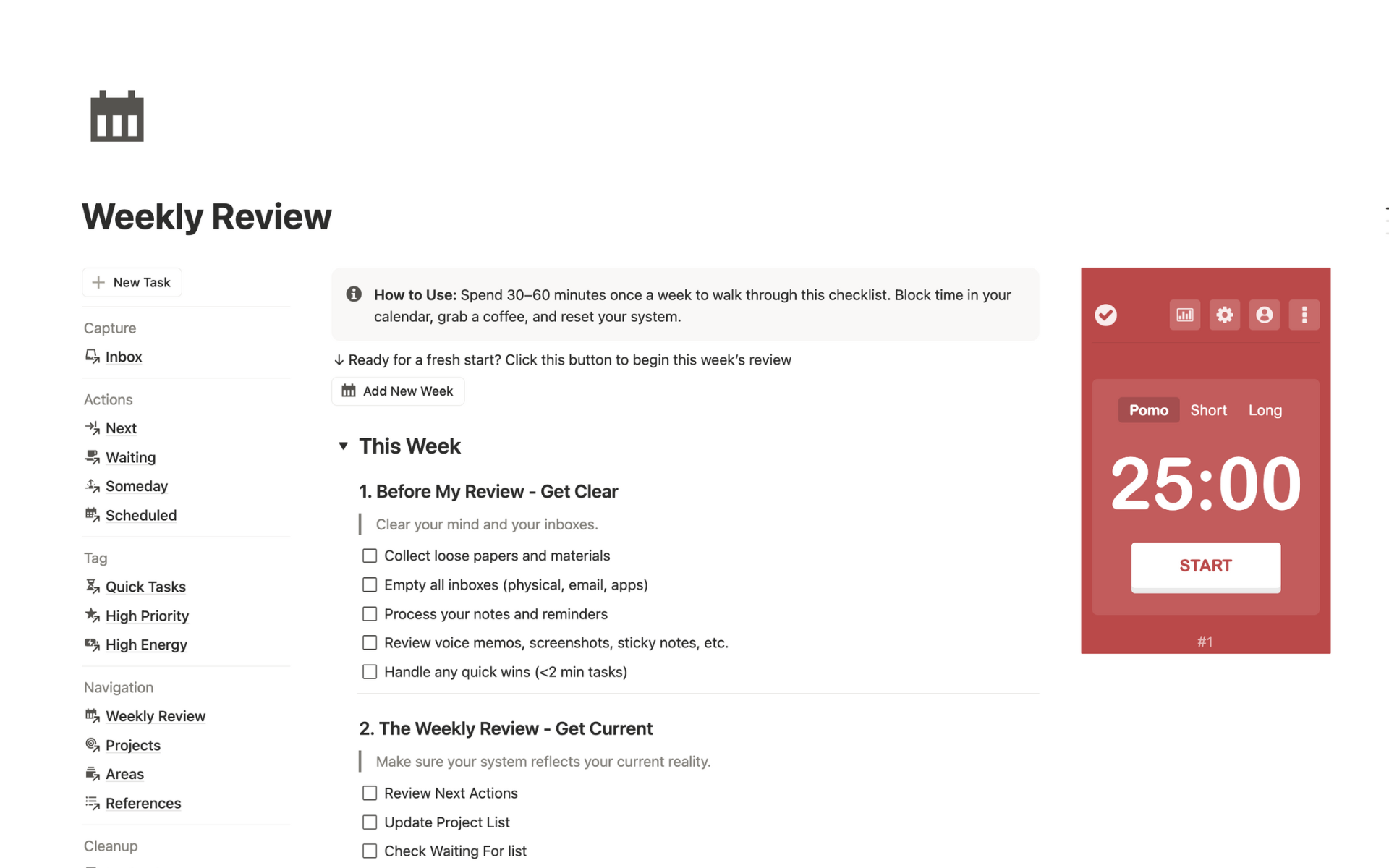 Schedule tasks by date or context in Notion GTD productivity dashboard.
