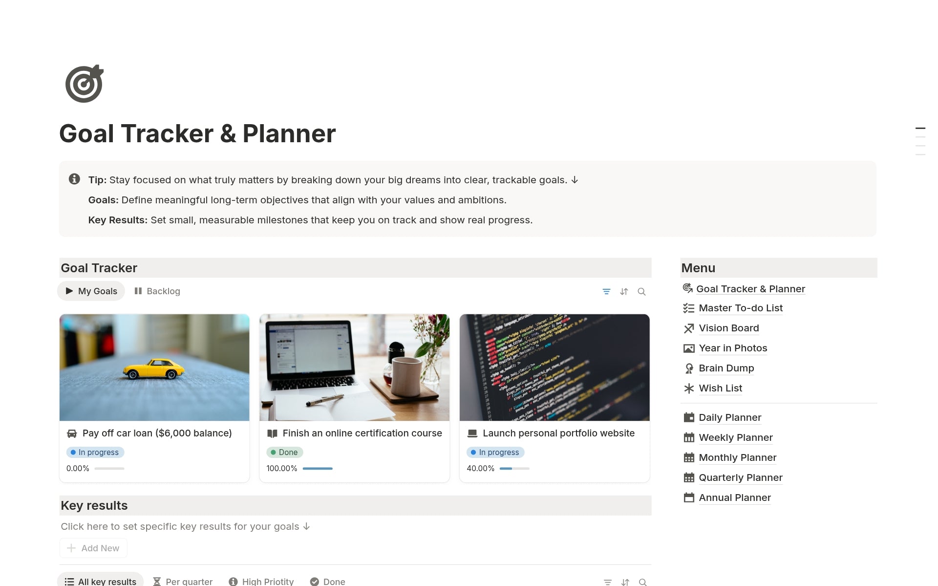 Goal Tracker and Planner Notion Template – all-in-one system to set, plan, and achieve personal and professional goals.